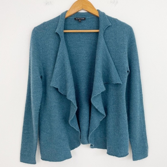 Eileen Fisher Merino Wool Teal Draped Open Front Long Sleeves Sweater Cardigan S - Picture 1 of 16